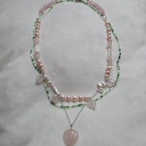 Charming Heart Pendant Necklace with Pink and Green Beads
